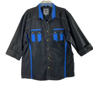 El General Shirt Mens 2XL Black Blue Button‎ Down 3/4 Cuff Sleeve Zipper Accents